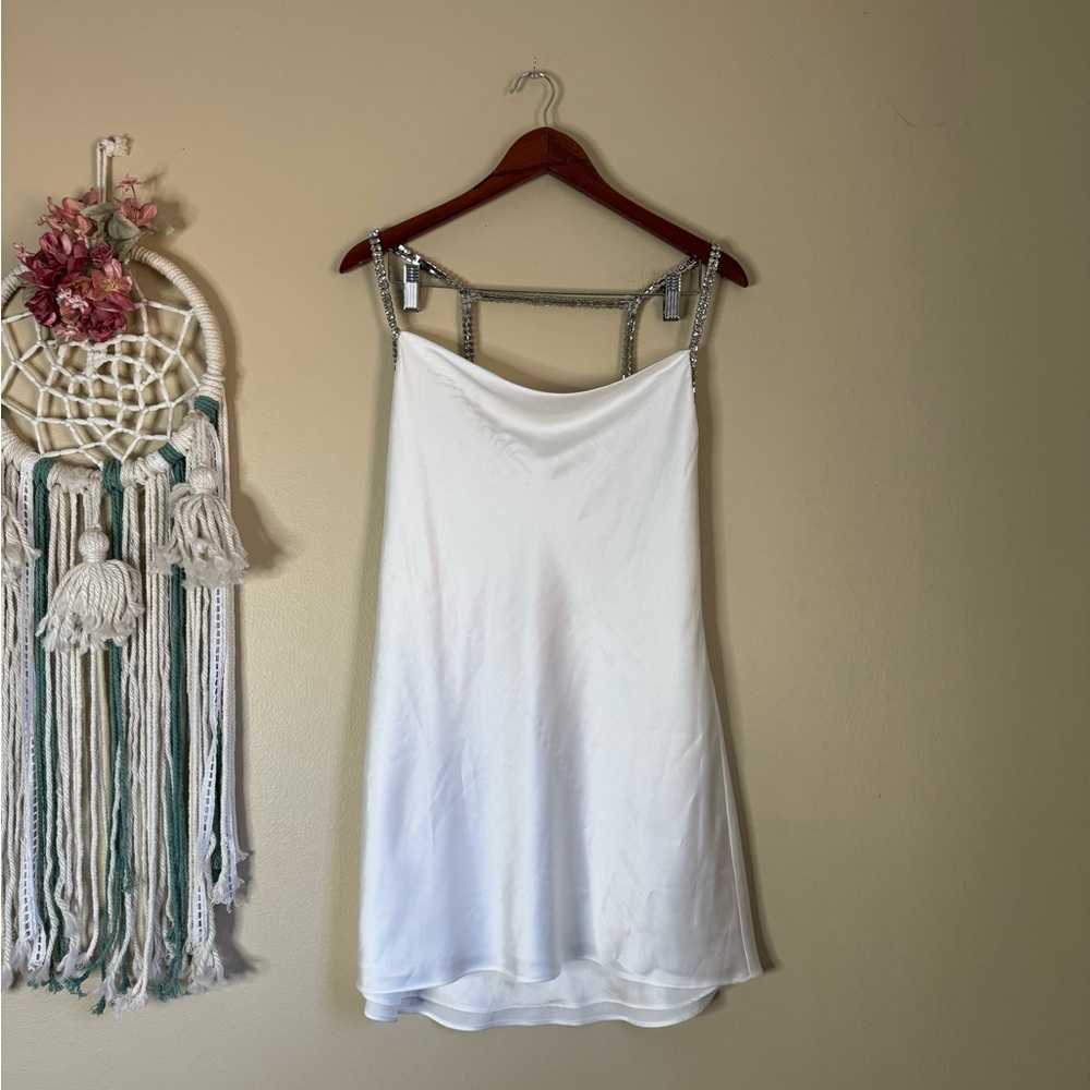 Show Me Your MuMu White Satin Mini Dress with Rhinestone Straps - Picture 2 of 10